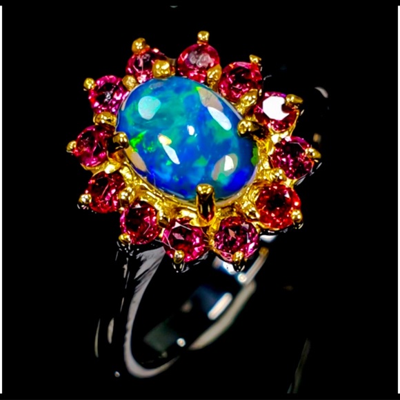 Artist created, stamped 925 Jewelry - Amazing Genuine Ethiopian Opal 14k and Rhodolite Garnet Ring